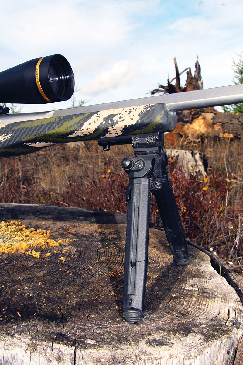 The author had AG Composites add a small section of Picatinny rail to the forend of his Chalk Branch stock to accept his clamp-on bipod. This rail also included a sling stud and QD socket.